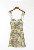 Retro French Yellow Green Floral Grass Print Spaghetti Strap Dress Sexy Women Lacing Up Sling Short Dresses Holiday Robe-Outfit