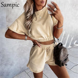 Casual Tracksuit Women Lounge Wear Summer Khaki Shorts Set Short Sleeve Tops And Mini Loose Biker Shorts Two Piece