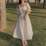 Elegant Floral Dress Women Sweet Chiffon Lace Midi Fairy Dress Female Frenc Casual Outdoor Korean Kawaii Dress 2021