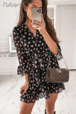 Ladies Casual Ruffle Chiffon Mini Dress Spring Long Flare Sleeve V Neck Sweet Print Elegant Office Evening Party