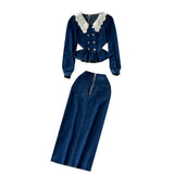 New Retro Suit Female Lace Doll-Collar Denim Jacket + Medium And Long Bag Hip Skirt