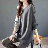 Button Solid Color Spliced Sweaters Casual Autumn Irregular Fashion Batwing Sleeve Loose Knitted Jumpers Women's