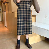 Korean Plaid Midi Skirt Women 2023 Spring Autumn High Waist Split One-step Skirts Woman Harajuku Students Long