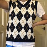 Preppy Style Argyle Knitted Sweater Vest Casual Sleeveless Vintage V Neck Jumper Women Y2K Cute Autumn Pullover