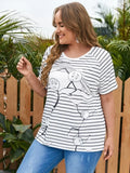 White Casual O-Neck Short Sleeves Striped Print Regular Plus Size