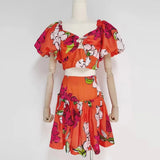 TWOTWINSTYLE Loose Two Piece Set Womens Square Collar Puff Sleeve Tops High Waist Mini Skirts Print Colorblock Sets Female
