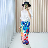 Folded Mermaid Color Print Dress Girl Tight Waist High Wrinkles Straight Midskirt