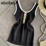 Women's Patched O-neck Tank Tops Female Bodycon Knitted Buttons Simple Stretchy Camisole Sleeveless Tee shirts