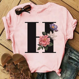 Letter Alphabet A-Z Women T-Shirts Fashion Breathable Flowers Short Sleeve Casual Tops Couple Basic Tee Crew Neck Clothes