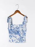 Adjust Bow Strap Blue White Floral Print Camis Women Summer Ruched Short Tank Tops Retro Cool Girl Sexy Slim Crop Top Tees-Outfit