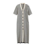Women's Wear 2023 Summer New Striped Comfortable Button V-Collar Medium-Length Dress-Outfit