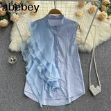 Women's Shirt French Vintage Ruffles Blouse Sexy Elegant Pleated O-neck Summer Female Sleeveless Slim Tops White