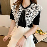 Short Sleeve Knitted Shirt 2021 Sweet Lace Stitching Big Doll Collar Ice Silk Top Knitwear Women White Black Blouse
