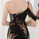 Sequin One Shoulder Slit Long Evening
