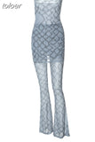 Y2k Sexy 2 Piece Set Print Mesh Sheer Tube Top and Flare Pants Matching Sets 2023 Nightclub Outfit for Women