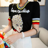 Women Tops Jacquard Lovely Girl Letters Short Sleeve Pullover 2022 Summer Female Knitted Striped O-Neck Sweater Jumper