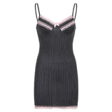 Hollow Out Goth New Dress Women Striped V Neck Sexy Mini Dresses Dark Academia Aesthetic 90s Cute Kawaii