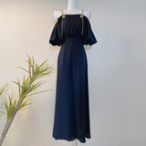 Solid Wide Leg Pants For Women Square Collar Short Sleeve Off Shoulder Patchwork Chain Solid Jumpsuit Female