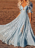 Blue V-Neck Puff Sleeve Keyhole Long Evening