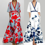 New Women's Fashion Elegant Temperament V Collar Print Credant Skirt