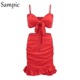 Ruffle High Waist Two Piece Skirt Set Backless Bow Crop Top Club Outfits Sexy 2 Piece Set Women Summer Matching