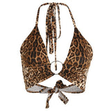 Printed Sexy Halter Crop Top Women Camis Backless Bandage Lace Up Sequins Metal Ring Tank Top 2021 Party Club