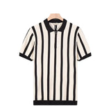 Summer Short-Sleeved Men's Korean Version Of Retro Striped Personality Zipper Half-Sleeved Knitted Shirt Casual T-Shirt Man's