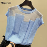 O-neck Short Sleeve Knitted Tops Patchwork Ice Silk Blusas Women Pullover Fashion Thin Blouse Mujer De Moda 2021