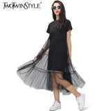 Summer Korean Splicing Pleated Tulle T shirt Dress Women Big Size Black Gray Color Clothes New Fashion