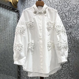Patchwork Diamonds Shirts For Women Lapel Lantern Long Sleeve High Street Blouses Female 2022 Autumn