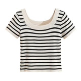 Knitted Blouse French U-Collar Striped T-Shirt New Summer Ice Silk Short-Sleeved Collarbone Bottomed Shirt-Outfit