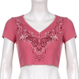 Y2K Summer Tops Floral Print Cute Woman Tshirts Aesthetic Vintage Button Up Ribbed Crop Short Sleeve V Neck Grunge