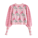 Winter Front Wood ears Ruffles Jacquard Cropped Sweater Vintage O neck Puff Sleeve Pullovers Short Jumper Knitwear-Outfit