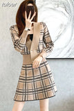 V-Neck Plaid Short Knitted Cardigan + High Waist Mini Skirts Two-Piece Female Fashion Sweet Suit Korean Autumn 2023