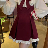 Kawaii Two Piece Set Women Ruffle Patchwork Sweet Party Mini Dress Sets Female 2022 Elegant Blouse Red Strap