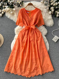 Green/White/Pink Summer New Lace Embroidery Dress Women Short Sleeves Dresses Female Vintage Party Beach Maxi Long