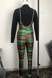 Casual Print Long Sleeve Top And Plaid Suspender Pant 2 Piece