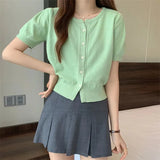 Kong Flavor Retro Round-Neck Short-Sleeved Knitted Shirt Girls Summer Thin Design Slim Short Thin Open Shirt Top