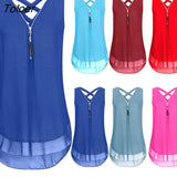 Lady Solid Color Back Bandage V Neck Sleeveless Zipper T-shirt Blouse Vest Tank Top Loose Ladies T-Shirt Tee