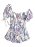 Women Spliced Bow Bandage Floral Print Mini Dress Sexy Short Lantern sleeve One Shoulder Party Dresses-Outfit