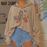Bold Shade Goblincore Fashion Casual Sweatshirt Cartoon Print Half Zipper Indie Sweatshirts Women Long Sleeve Fleece Hoodies