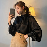 Korean Fashion Smooth Blouse Women Spring Slim Office Lady Elegant Tops Lantern Sleeve Solid Stand Collar Shirt Blusas