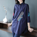 Solid Color Embroidery Fashion Shirt Summer Women's Clothing Korean Loose Turn-down Collar Casual 3/4 Sleeve