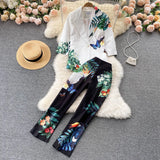 Female Suit Set Flower Print Notched Collar Jacket Blazer + Vintage Pants Trouser Runway Office Two Piece Set Suit