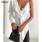 Irregular Patchwork Office Women Shirts Lace Strap Twist V-Neck Slim Summer Blouses Femme White Elegant Blusas 2022
