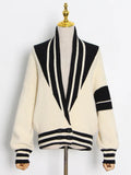 Patchwork Coat For Women V Neck Lantern Long Sleeve Striped Hit Color Knitting Cardigan Female 2023 Autumn New