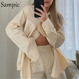 2021 Fashion Long Sleeve Women Tracksuit Blouse Set Casual Striped Shirt Tops And Loose Mini Shorts Two Piece Set