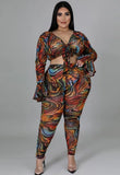 Print Party Sexy Knotted Crop Top and Pants Plus Size Two Piece