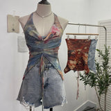 Real Shooting Holiday Wind Hanging Neck Collar Collar Tidling Strap Sling Vest Tie Mesh Yarn Short Sleeveless Top