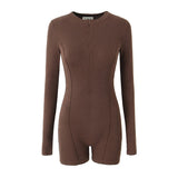 Spring Style Knitted Slim Zipper Long-Sleeved Solid Color Jumpsuit-Outfit